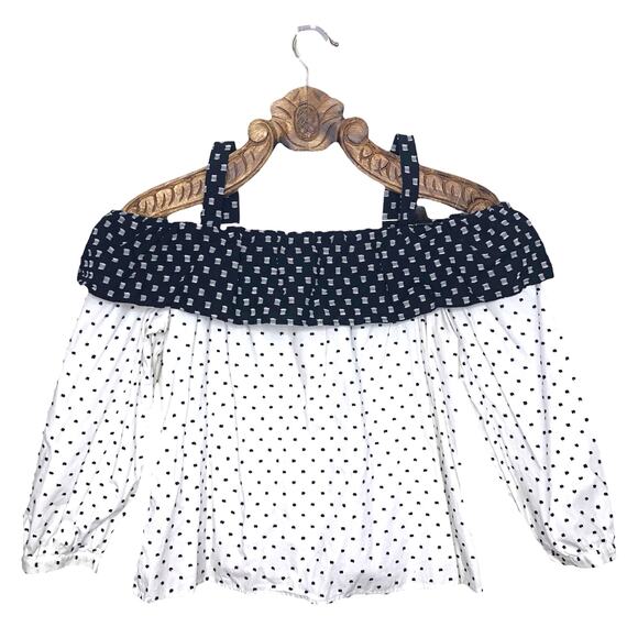LOFT Top Cold Off the Shoulder Embroidered Clip Dot Color Block Flounce Shirt SP - Picture 8 of 8